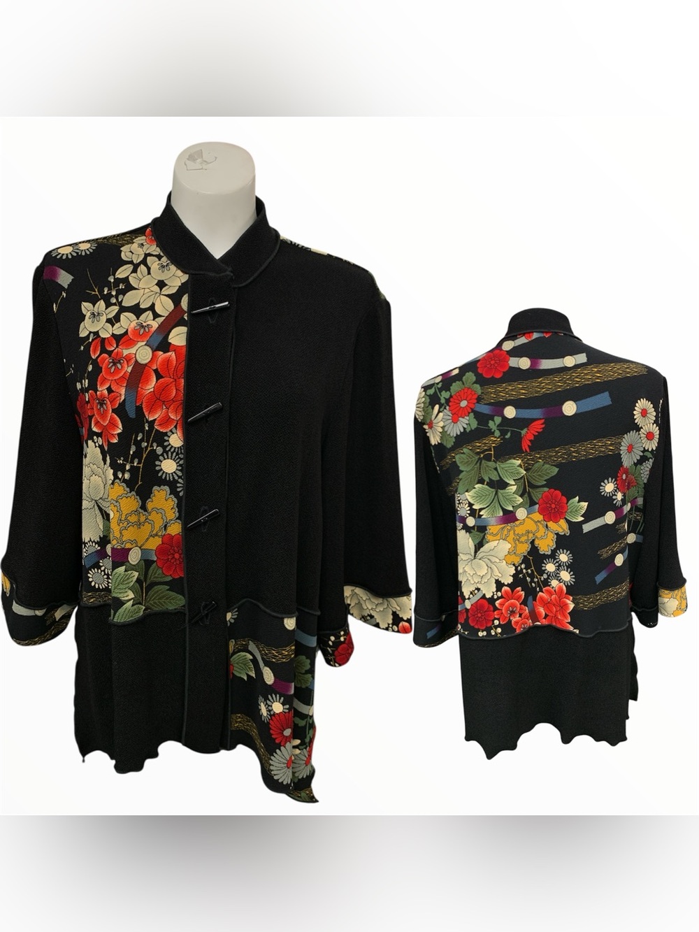 LDS Black Floral Mandarin Collar Jacket with Asymmetrical Floral Panels Size L